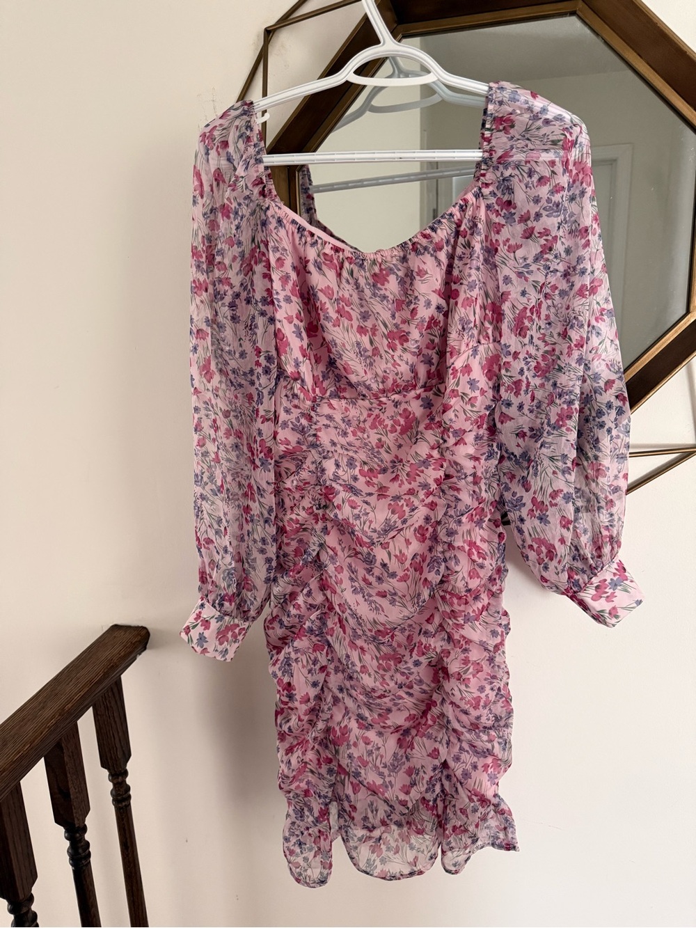 SHEIN Pink Floral Long Sleeve Ruched Mini Dress